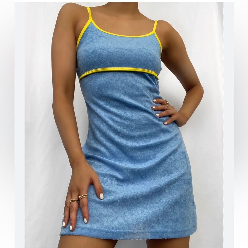 Blue terry sleeveless babydoll sundress swim coverup XS